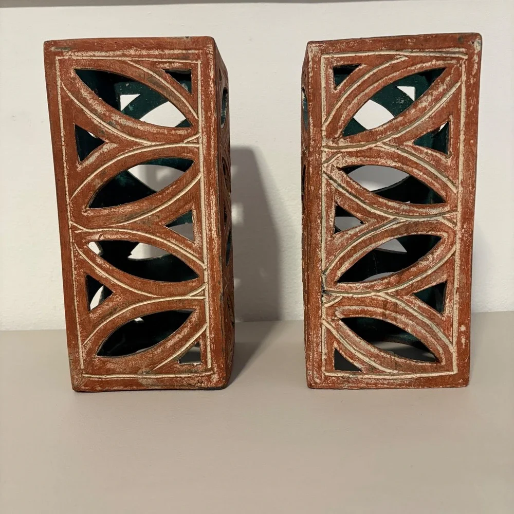 Terracotta Geometric‎ Lattice Candle Lanterns Pair Rustic Teal Interior 10.5in